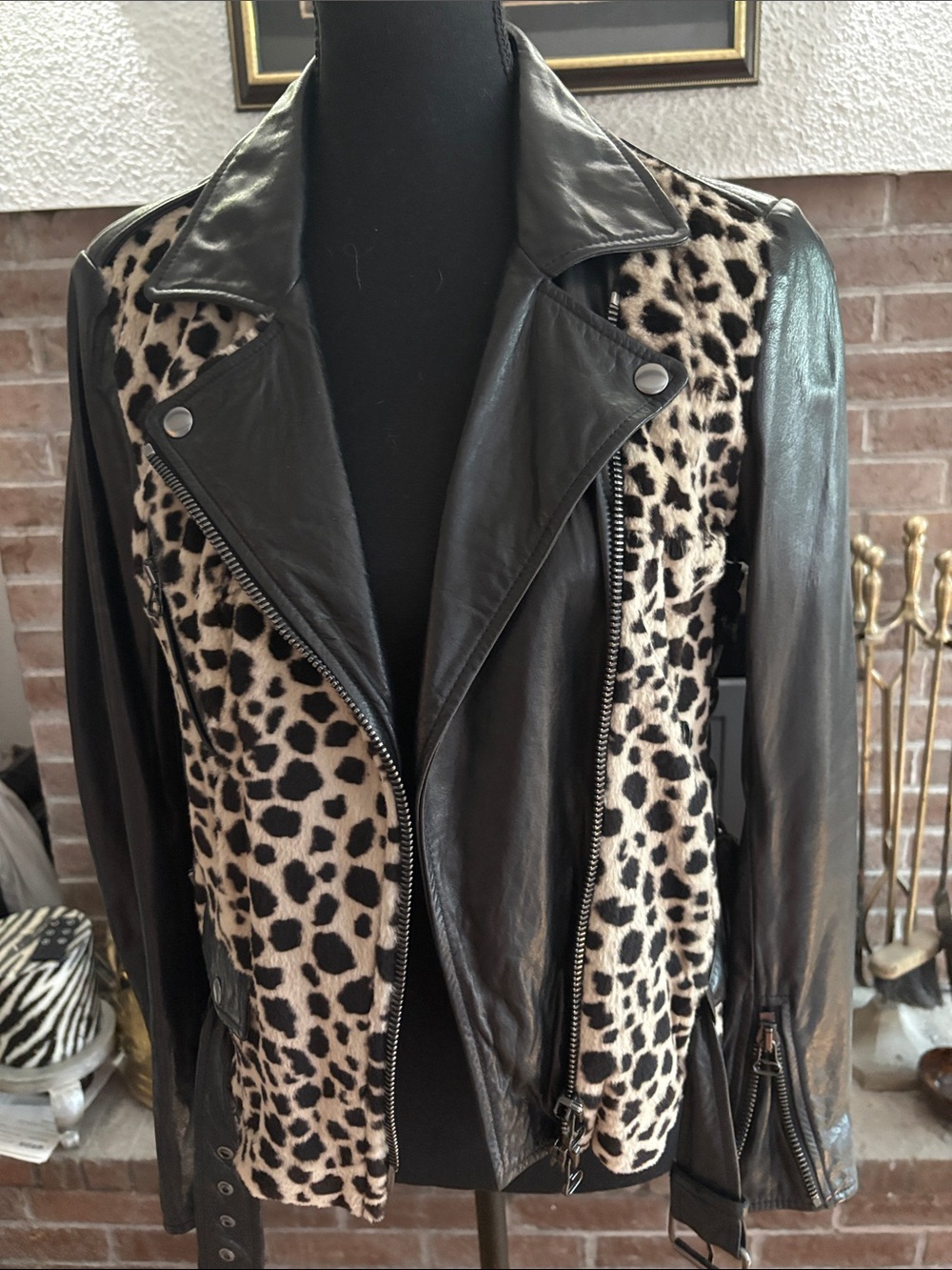 3.1 Phillip Lim Black Leather Jacket with Leopard Print real rabbit fur